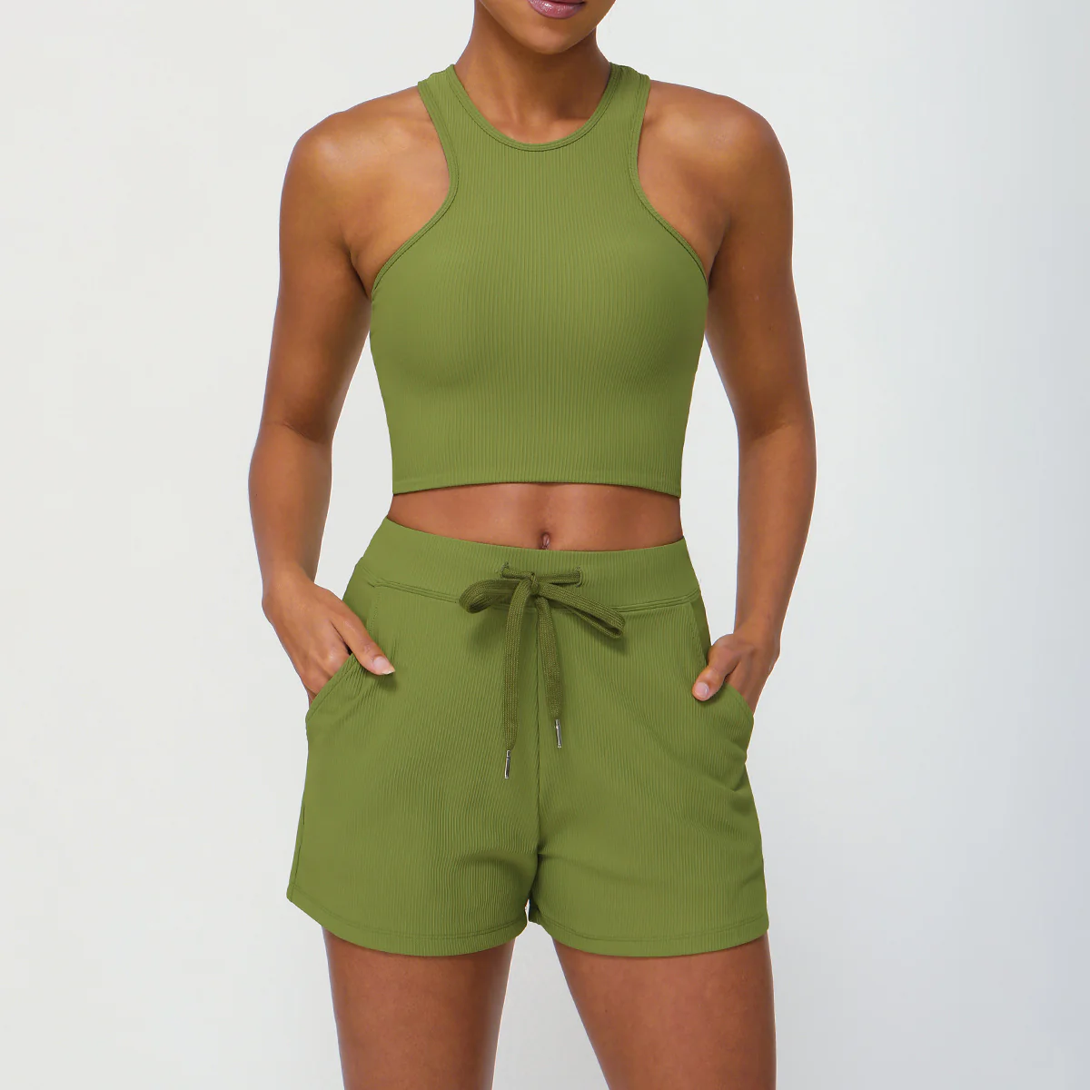 Ribbed casual sports set women's shock-proof bra drawstring shorts pocket yoga fitness two-piece set