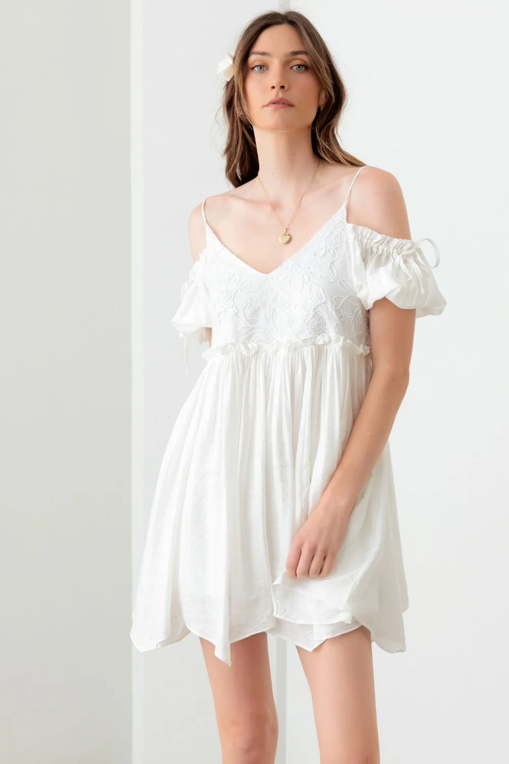 White Embroidered Floral Shirred Cold Shoulder Mini Dress