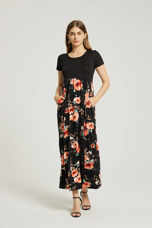 Womens Summer Casual Floral Maxi Dress With Pocket