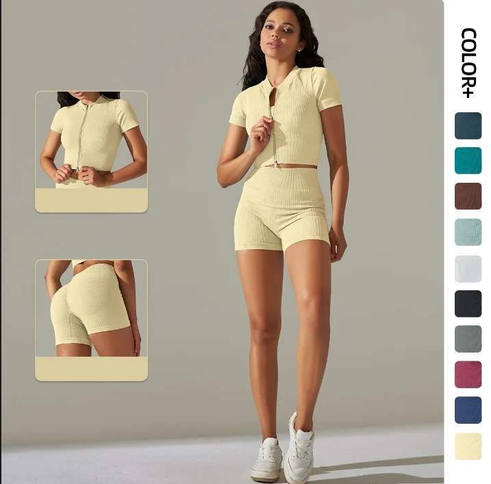Thread zipper T-shirt short sleeve yoga shorts set 10 colors