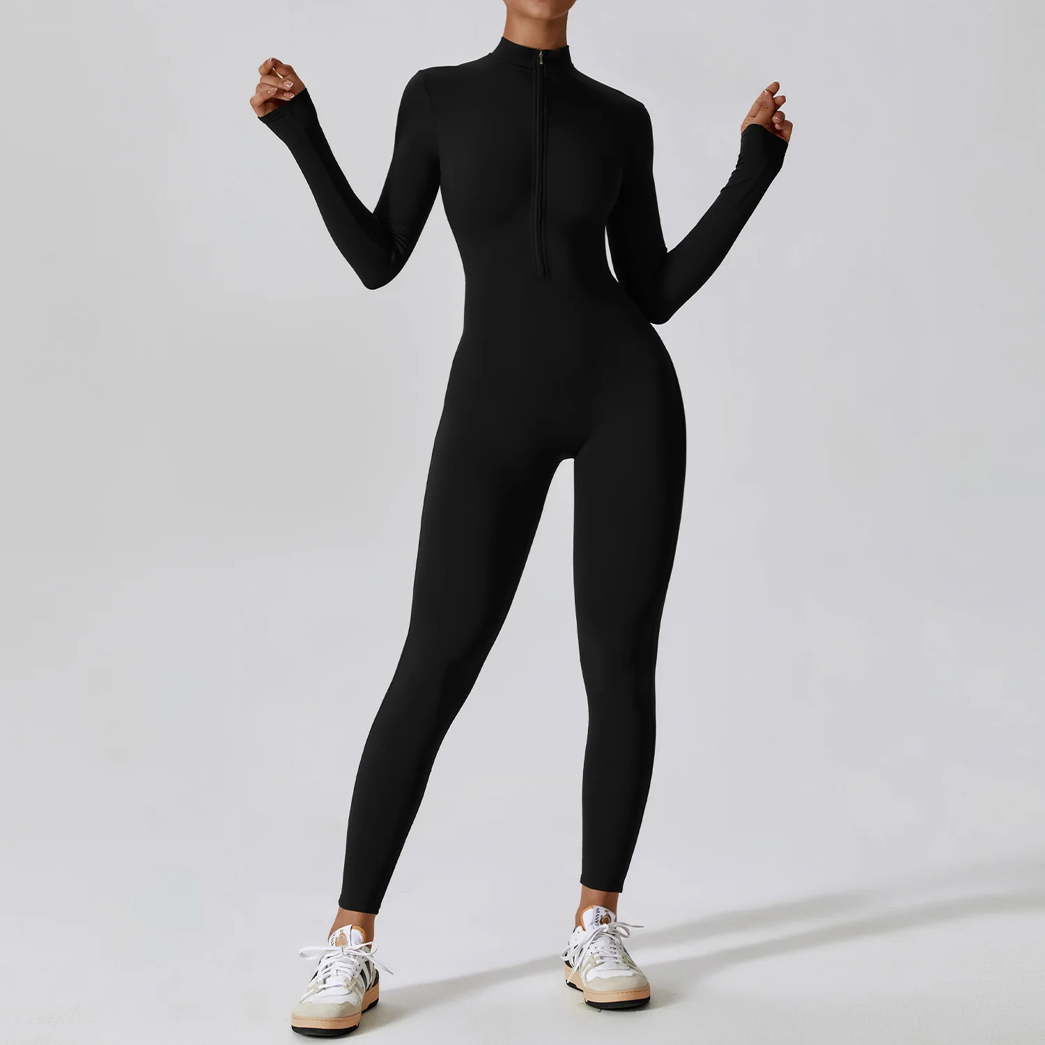 Zipper nude long sleeve yoga jumpsuit 8306